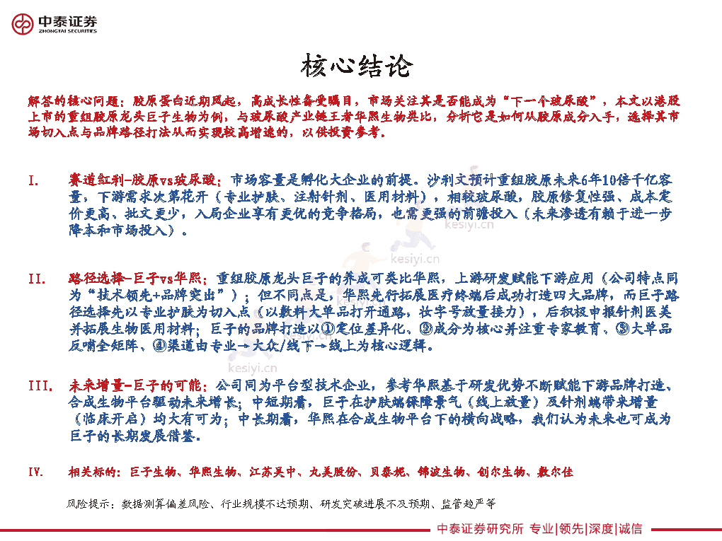重组胶原龙头的路径选择,巨子生物、华熙生物类比解读-中泰证券 重组胶原龙头的路径选择,巨子生物、华熙生物类比解读-中泰证券